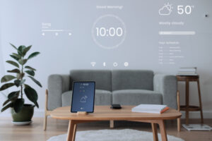 Smart home system with holographic display showing time, weather, and schedule.