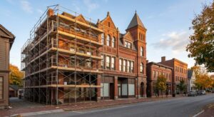 Victorian-era building exterior in Fitchburg MA undergoing renovation and restoration work